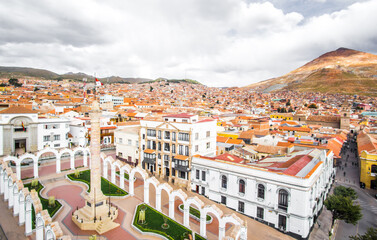 Panoramic view over the city and main square of Potosi wirhthe famous Cerro Rico in the background, Bolivia