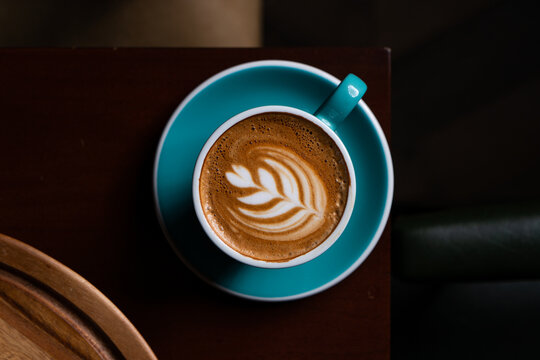 Coffee latte with art from top shot