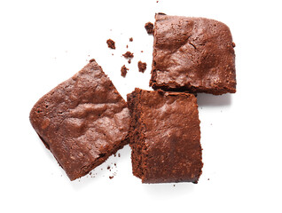 Pieces of tasty chocolate brownie isolated on white background