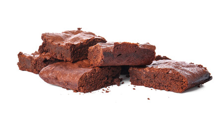 Pieces of tasty chocolate brownie isolated on white background