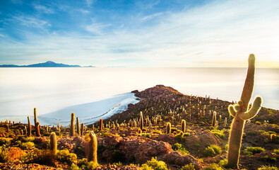 View on sunrise over island incahuasi by salt lake Uyuni in Bolivia