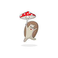 Cartoon joyful hedgehog with mushrooms jumping isolated on white. Smiling funny porcupine hopping. Happy animal character.