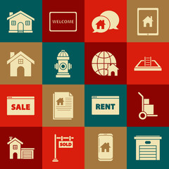 Set Garage, Hand truck and boxes, Swimming pool with ladder, House building speech bubble, Fire hydrant, and Globe house symbol icon. Vector