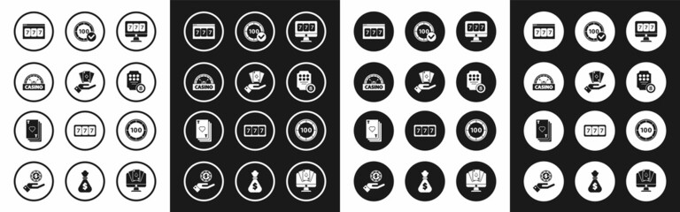 Set Online slot machine with lucky sevens jackpot, Hand holding deck of playing cards, Casino signboard, chips, and Playing heart icon. Vector