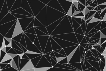 Black plexus dot and line background. Illustration for futuristic data research concept. White triangles particles on dark network space
