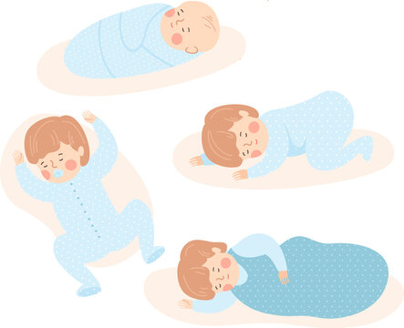 Baby sleeps in various poses. 0-12 month. different sleeping positions. Swaddled newborn. Toddler sleeps in a sleeping bag.