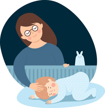 Mother putting her baby to sleep in a crib. Woman is singing a lullaby for her newborn child.