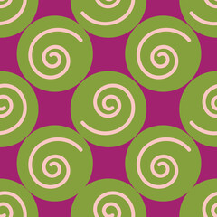 Abstract geometric circle seamless pattern. Green circles and spiral on purple background.