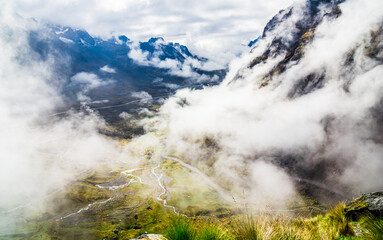 Fototapeta premium foggy mountain ath the death road, Bolivia