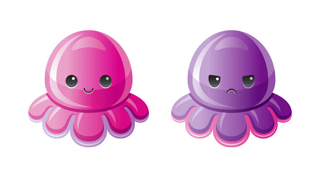 Octopus Plush Toy. Stuffed Mood Octopus, Child Isolated Soft Toy Set. Cute Color Antistress Logo. Two Different Sides - Happy Pink And Sad Violet. Sea Trendy Logo. Popular Girl Anti Stress Toys.