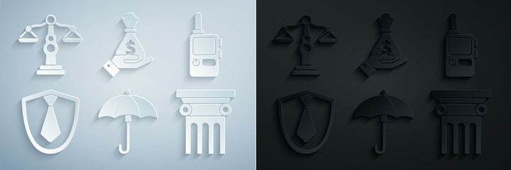 Set Umbrella, Walkie talkie, Tie, Law pillar, Hand holding money bag and Scales of justice icon. Vector