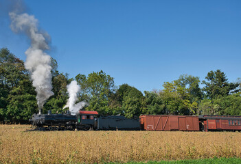 Fototapeta na wymiar Restored Antique Steam Freight Train Passing Blowing Smoke and Lots of Steam