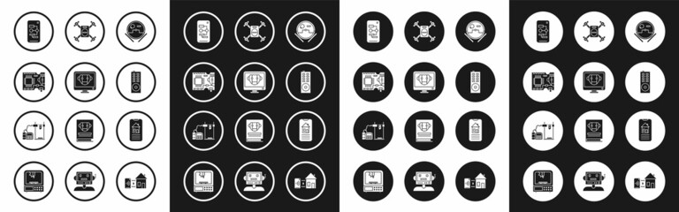 Set Robot vacuum cleaner, Bot, Printed circuit board PCB, Algorithm, Remote control, Drone flying with action camera, Smart home and 3D printer icon. Vector