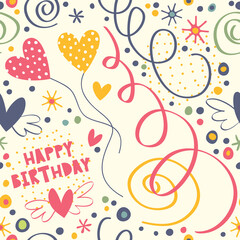 Happy Birthday. Seamless pattern with streamers, confetti and gifts for your design.