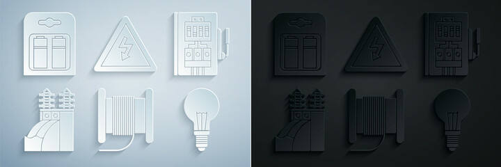 Set Wire electric cable on a reel or drum, Electrical panel, Nuclear power plant, Light bulb with concept of idea, High voltage sign and Battery in pack icon. Vector