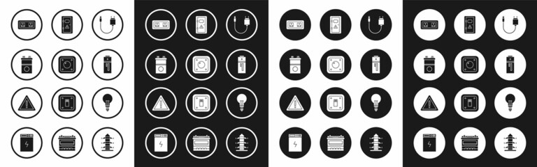 Set Charger, Electric light switch, Car battery, Electrical outlet, Battery, cabinet, Light bulb with concept of idea and Exclamation mark triangle icon. Vector