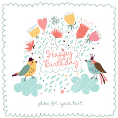 Happy Birthday card with cute birds, hearts and flowers.