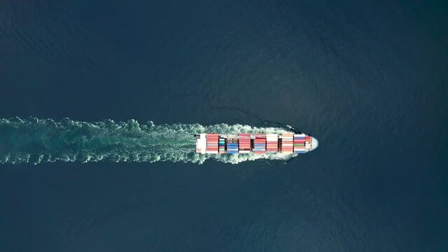 Aerial view of a container ship in the atlantic ocean. Faroe islands.