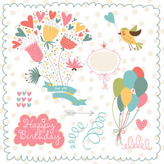 Birthday set. Balloons, birds, hearts and flowers for your lovely design.