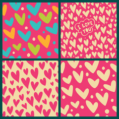 Set of seamless backgrounds with bright hearts.