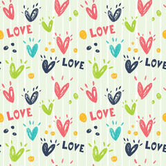 Bright seamless pattern with hearts and word love.