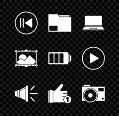 Set Rewind, Document folder, Laptop, Speaker volume, Hand like, Photo camera, Picture landscape and Battery charge level indicator icon. Vector