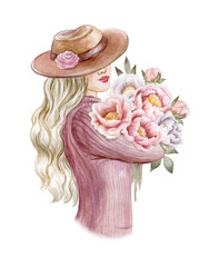 girl, woman with flower bouquet. Pink and white peonies. Watercolor stock illustration isolated on white background.