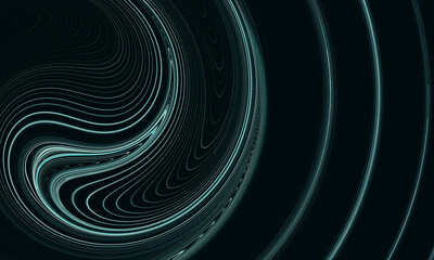 Abstract creative digital fluid 3d ripples and stains in neon aqua blue spiral fragment over dark background. Music, pure rhythm, audio sound concept. Great as wallpaper, cover, print for electronics.