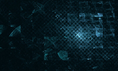 Fictional 3d representation of noise and sound wave vibration in digital blue toned illustration. Volume blows up membrane and glowing particles scatter in different directions. Great as wallpaper.