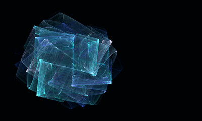 Fictional artistic digital 3d illustration of ethereal multilayered bunch of blue energy, fluid smoky substance on dark background. Geometric shape with chaotic fluid stains or steam inside. 