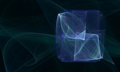 Blue green geometric translucent 3d shroud in shape of multilayered square levitates creating steam in deep darkness. Fictional digital artwork. Great as wallpaper, cover print for electronics, poster