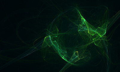 Magic green smoke, neon glowing 3d obscure substance, plasma, energy charge in deep dark space. Dynamic motion of ethereal essence on black. Great for fantastic illustrations, as print, art cover. 