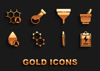 Set Molecule, Mortar and pestle, Laboratory clipboard with checklist, Tweezers, Water drop, Funnel filter, Chemical formula and Test tube flask chemical icon. Vector