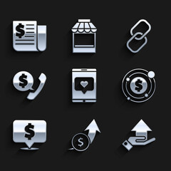 Set Mobile phone and like with heart, Financial growth coin, Money hand, Target dollar symbol, Speech bubble, Telephone handset speech chat, Chain link and news icon. Vector