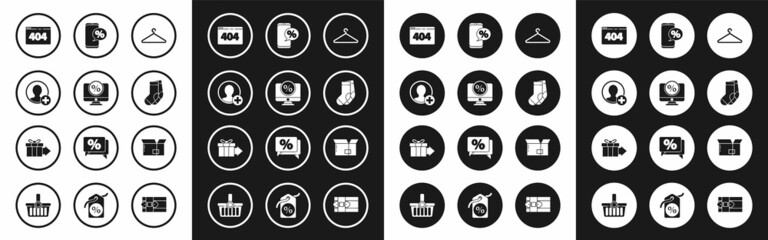 Set Hanger wardrobe, Percent discount and monitor, Create account screen, Page with 404 error, Socks, phone, Carton cardboard box and Gift icon. Vector