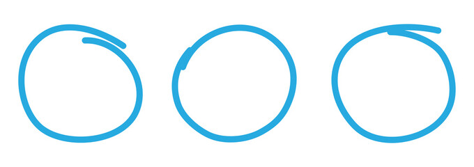 Blue circle pen draw set. Highlight hand drawn circle isolated on white background. Handwritten blue circle. For marker pen, pencil, logo and text check. Vector illustration