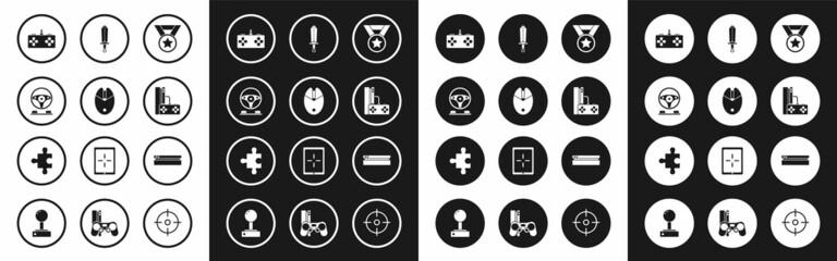 Set Medal, Computer mouse gaming, Racing simulator cockpit, Gamepad, console with joystick, Sword for game, Video and Piece of puzzle icon. Vector