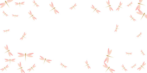 Tropical rosy pink dragonfly flat vector background. Spring colorful damselflies. Detailed dragonfly flat children illustration. Gentle wings insects patten. Nature beings