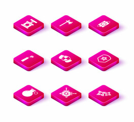 Set Hand grenade, Wooden shield with crossed swords, Dynamite bomb stick clock, Shield, Japanese ninja shuriken, Police badge, dynamite timer and Medieval axe icon. Vector