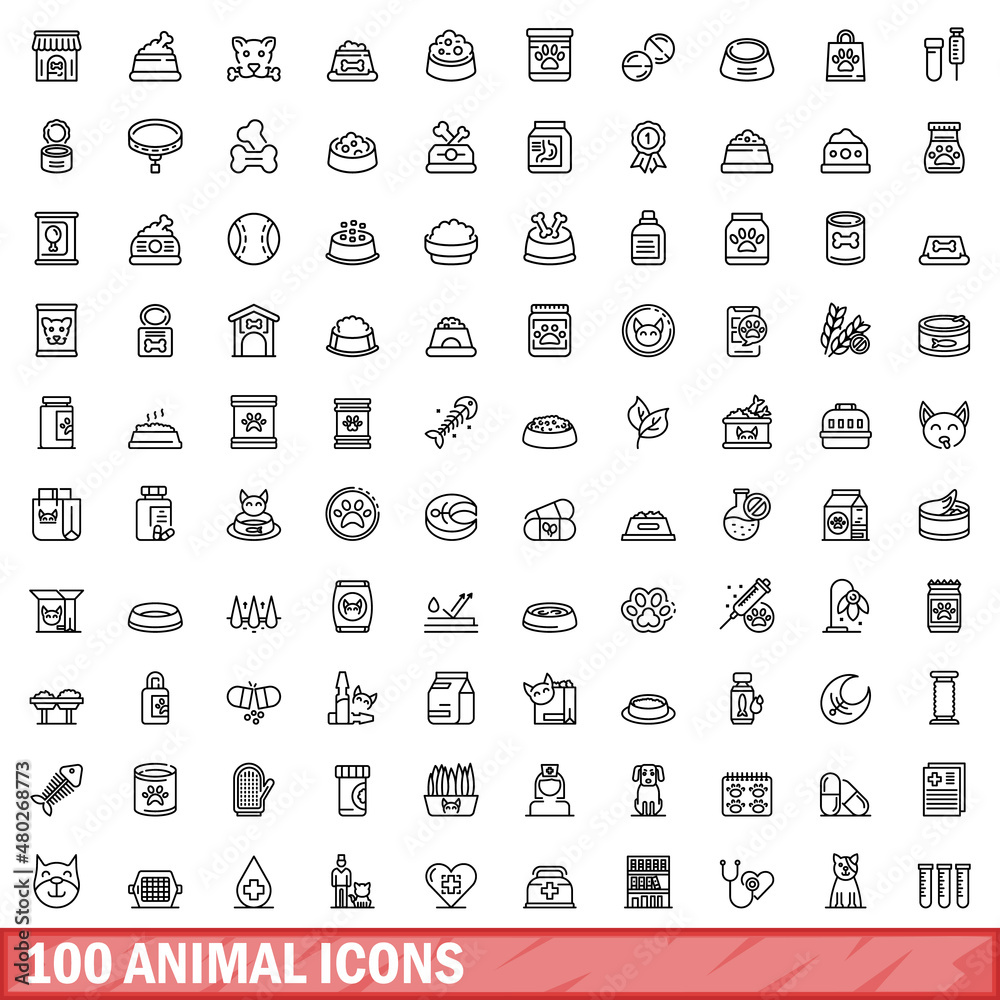 Poster 100 animal icons set. outline illustration of 100 animal icons vector set isolated on white backgrou - Posters