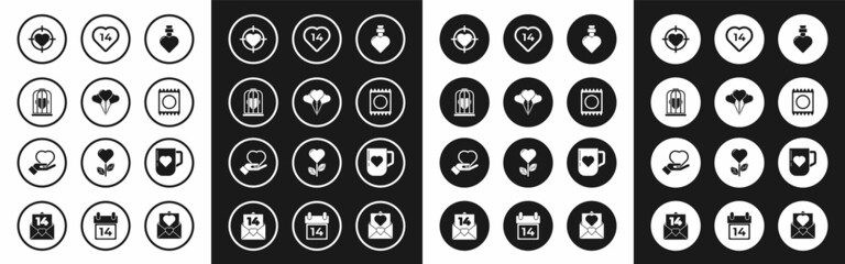 Fototapeta premium Set Bottle with love potion, Balloons in form of heart, Heart the bird cage, center darts target aim, Condom package, Coffee cup and and hand icon. Vector