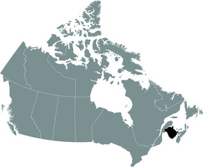 Black flat blank highlighted locator administrative map of the Canadian territory of NEW BRUNSWICK inside gray flat map of CANADA