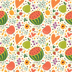 Fototapeta premium Seamless pattern with watermelons, pineapples, apples and pears.