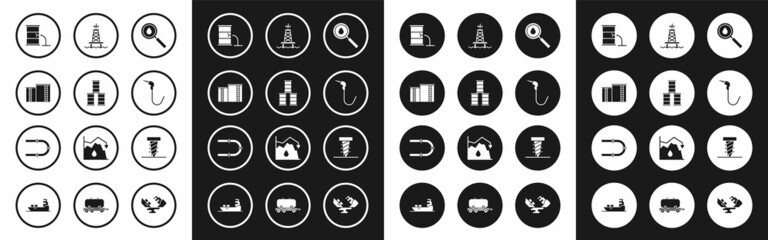 Set Oil drop, Barrel oil, industrial factory building, leak, Gasoline pump nozzle, rig with fire, Rotating drill digging hole and Industry pipe icon. Vector
