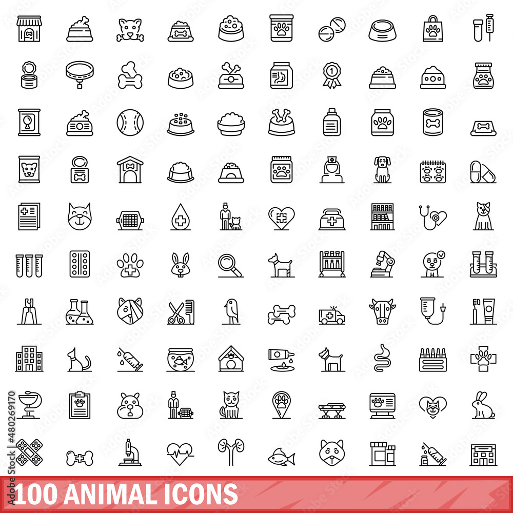 Wall mural 100 animal icons set. outline illustration of 100 animal icons vector set isolated on white backgrou