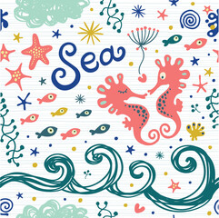 Seamless vector background with cute seahorses, fish, starfish.
