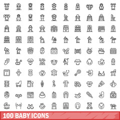 100 baby icons set. Outline illustration of 100 baby icons vector set isolated on white background