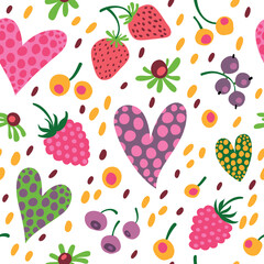 Seamless pattern with hearts, raspberries, strawberries and flowers. Juicy summer style.