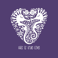 Romantic white print on a purple background with cute seahorses and fish. This is true love.