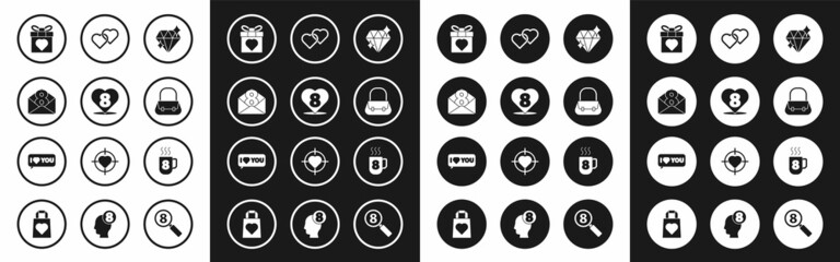 Set Diamond, Heart with 8 March, Envelope, Gift box and heart, Handbag, Two Linked Hearts, Coffee cup and Speech bubble I love you icon. Vector